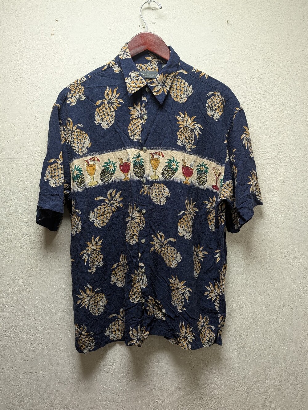 Vintage Van Heusen Men Large Hawaiian Shirt Navy Blue Rayon Pineapple Cocktail